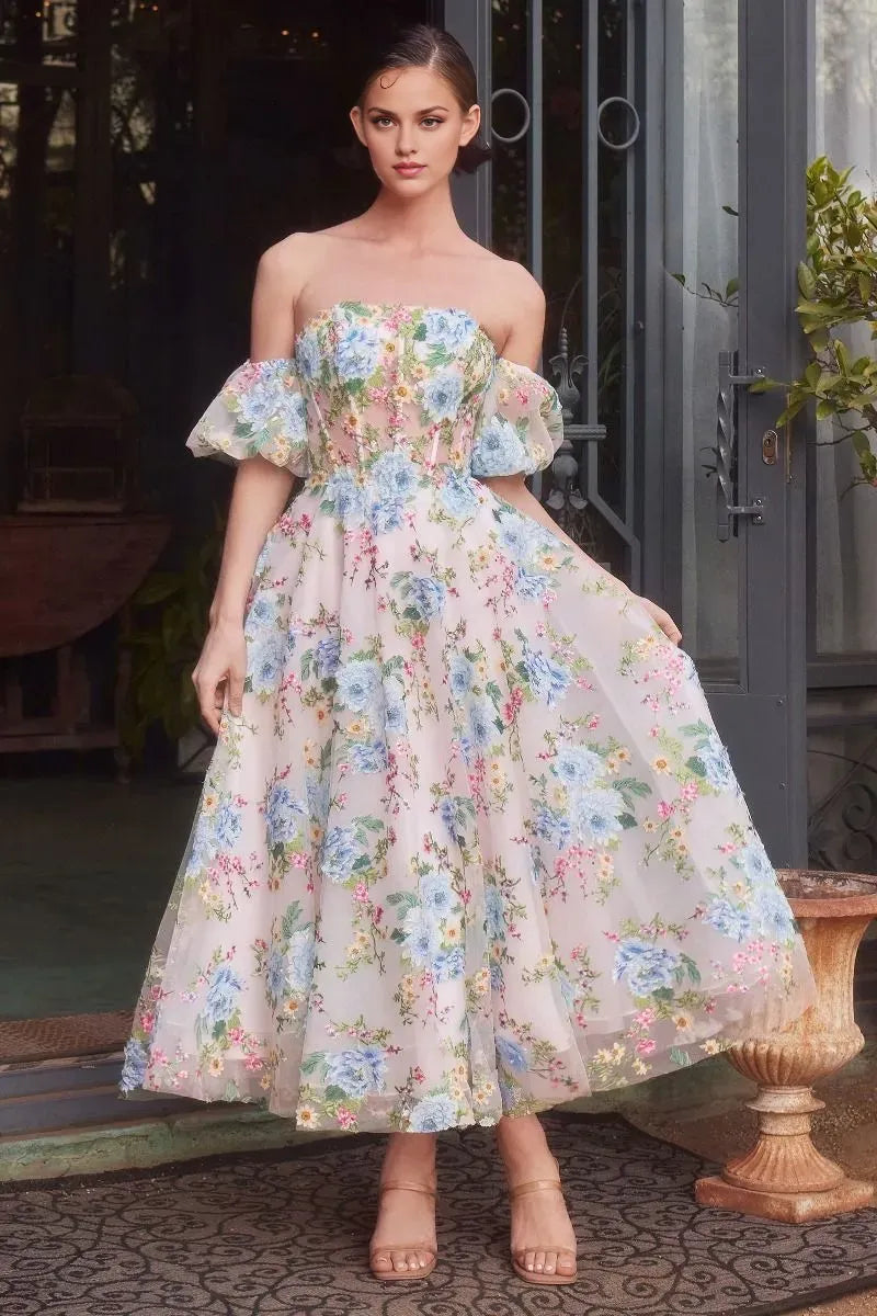 Robe Weitese sans bretelles longueur thé, robe de soirée romantique à imprimé floral, robe de bal trapèze sans manches
